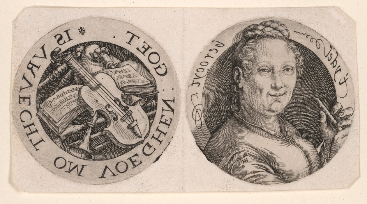 Büste einer Frau mit Flöte und Musikinstrumenten auf einem Blatt von Hendrick Goltzius