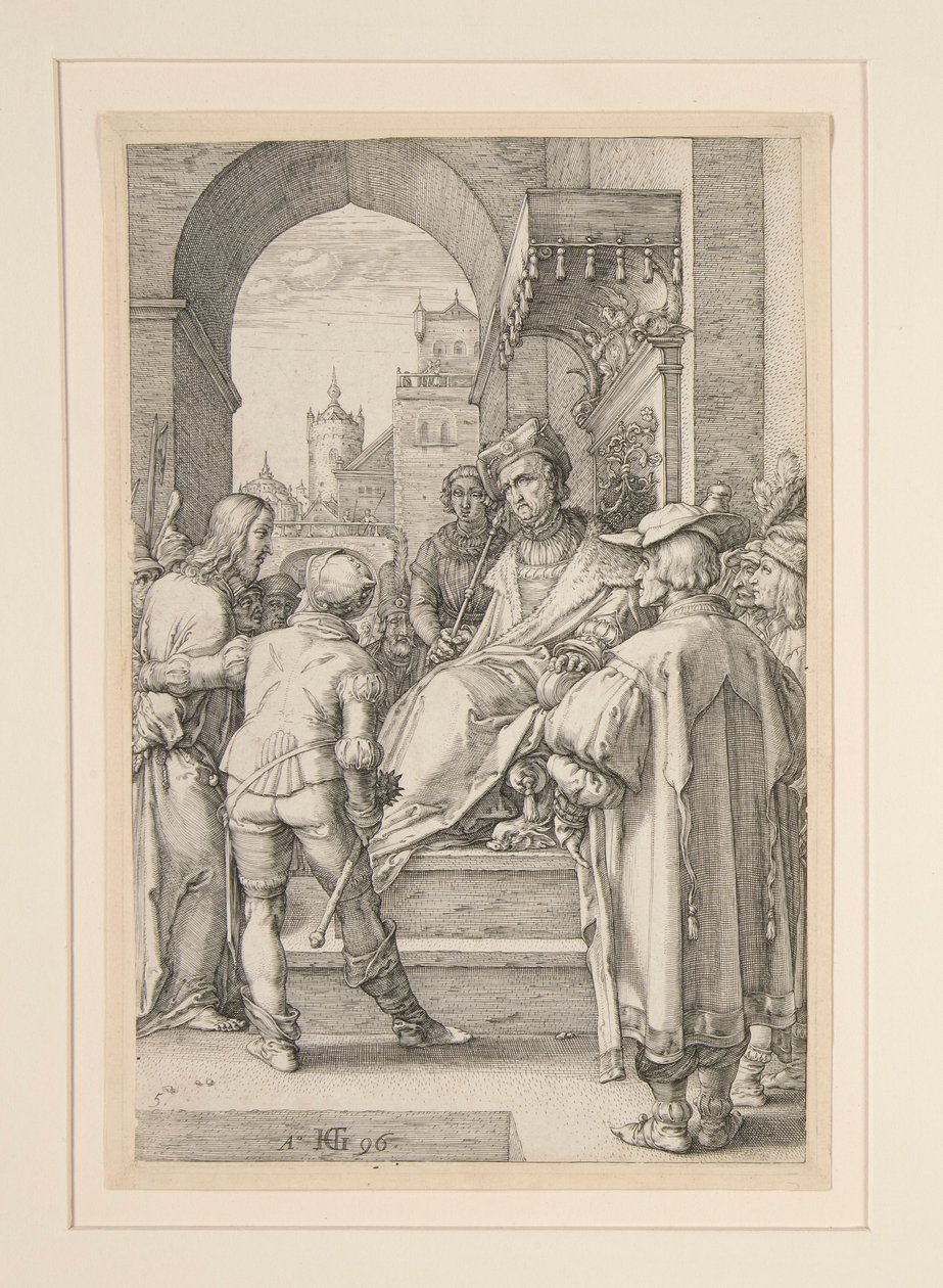 Christus vor Pilatus, aus Die Passion, Nr. 5 in einer Serie von 12 Gravuren von Hendrick Goltzius