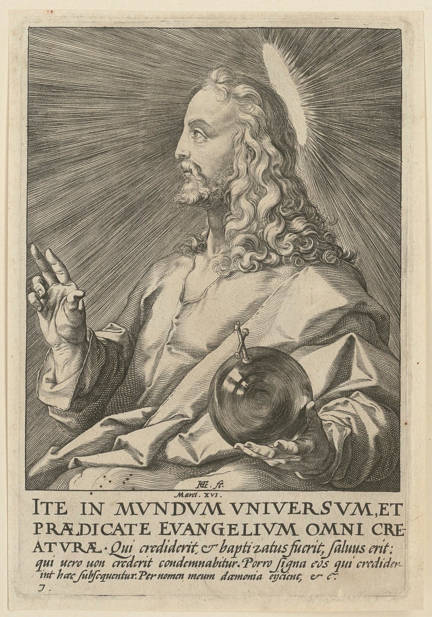Christus als Salvator Mundi, Blatt 7 der Folge „Christus, die zwölf Apostel und Paulus“ von Hendrick Goltzius