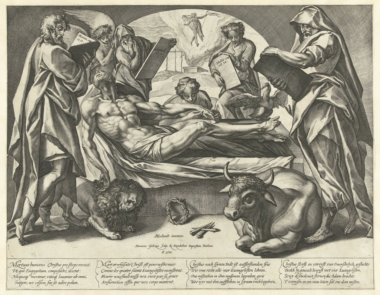 Der tote Christus und die vier Evangelisten von Hendrick Goltzius