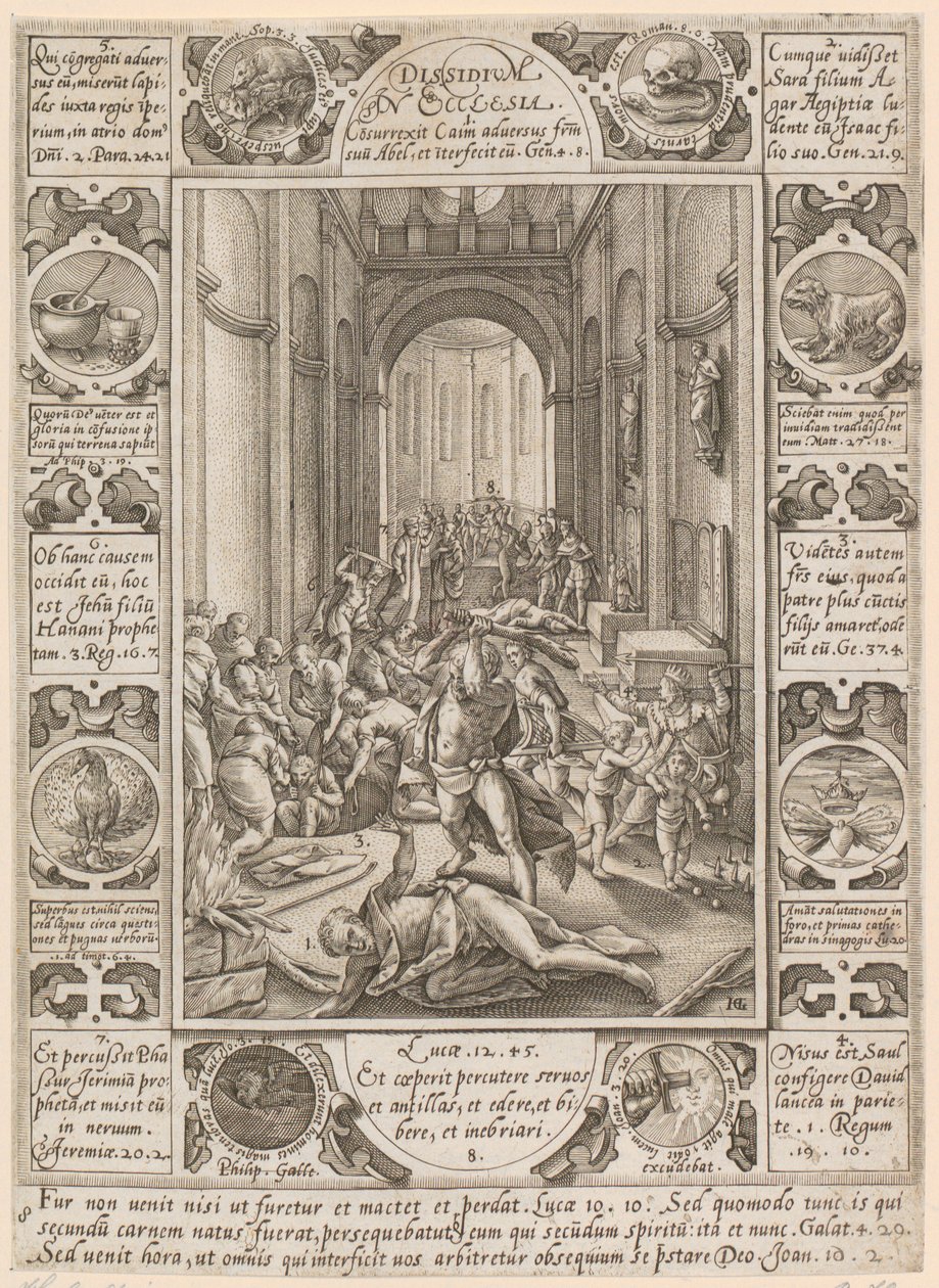 Dissidium in Ecclesia, Blatt 8 der Folge "Allegorien des christlichen Glaubens" von Hendrick Goltzius