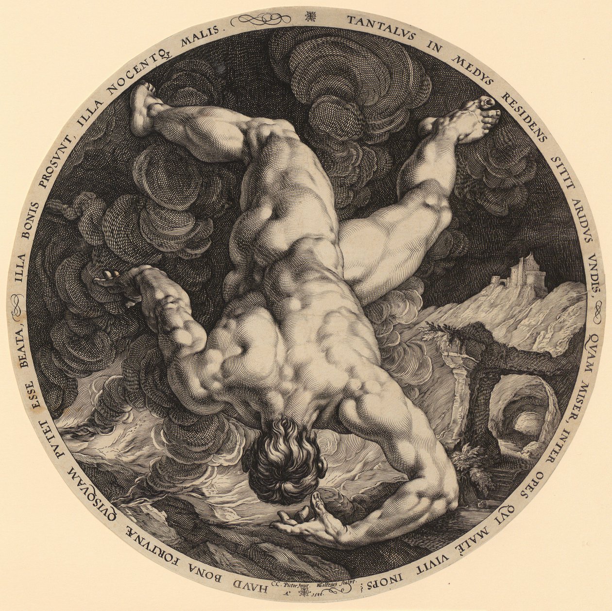 Fall des Tantalus, Blatt 1 der Folge "Die vier Himmelsstürmer" von Hendrick Goltzius