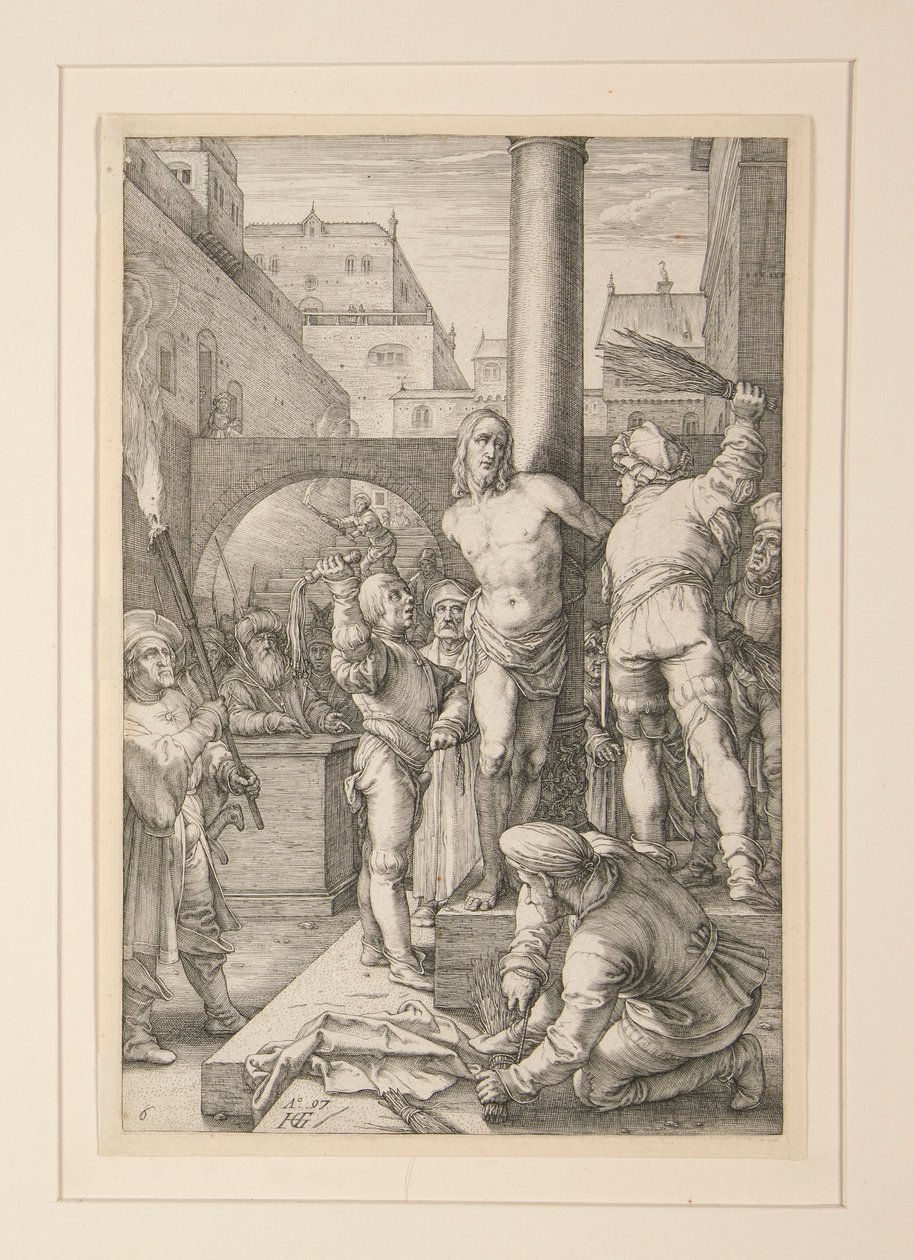 Geißelung Christi, aus Die Passion, Nr. 6 in einer Serie von 12 Stichen von Hendrick Goltzius