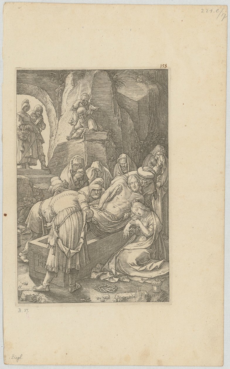 Grablegung, Blatt 11 der Folge "Die Passion" von Hendrick Goltzius