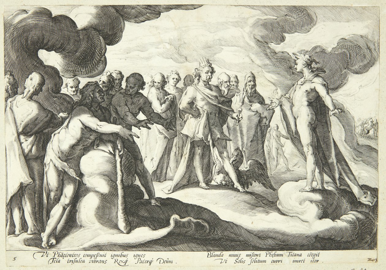 Jupiter und die Götter bitten Helios, die Kontrolle über den Sonnenwagen wieder aufzunehmen von Hendrick Goltzius