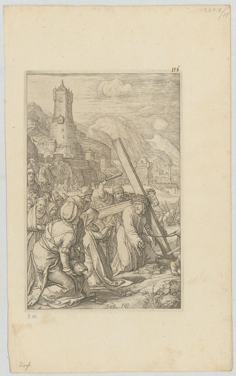 Kreuztragung, Blatt 9 der Folge "Die Passion" von Hendrick Goltzius