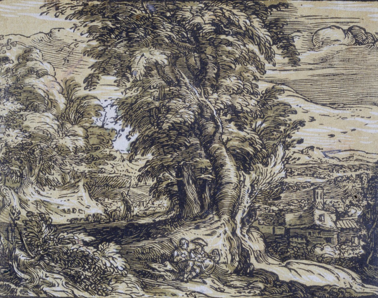 Landschaft mit Bäumen und einem Hirtenpaar von Hendrick Goltzius