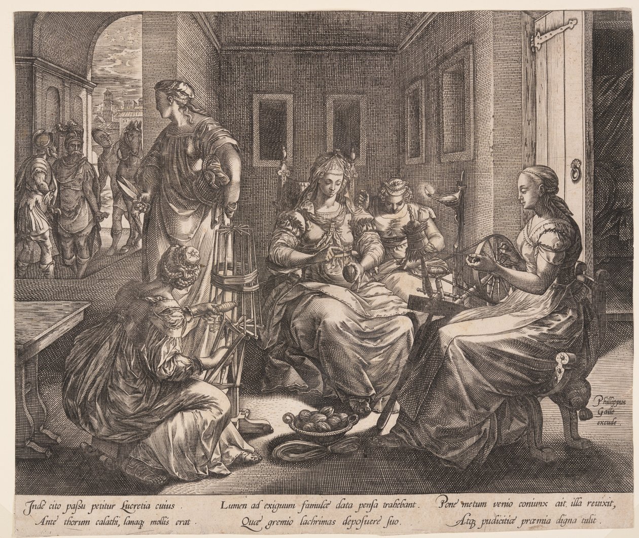 Lucretia und ihre Frauen beim Spinnen, aus Die Geschichte der Lucretia von Hendrick Goltzius