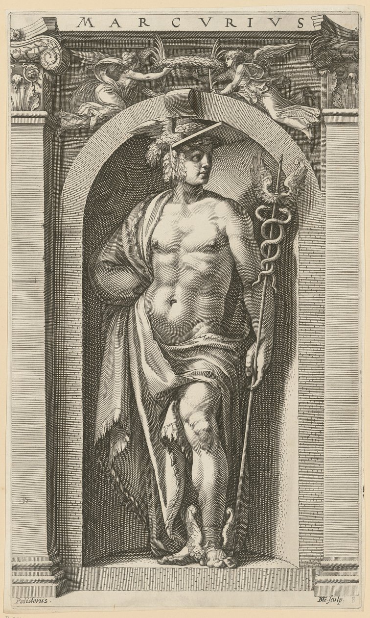 Merkur, Blatt 8 der Folge "Acht antike Gottheiten" von Hendrick Goltzius
