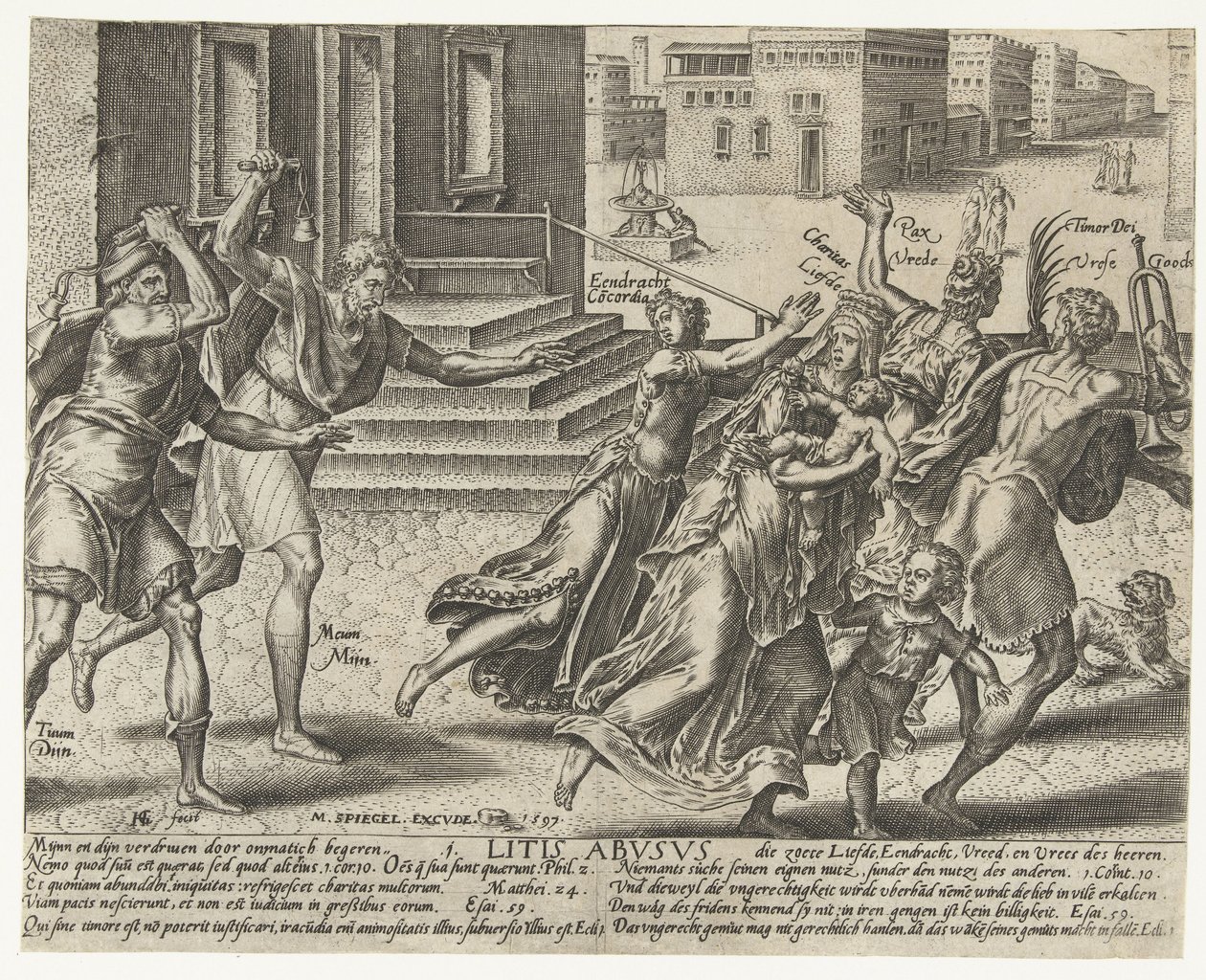 Mein und Dein vertreiben Eintracht, Liebe, Frieden und Gottesfurcht (Litis abusus, Missbrauch der Prozessführung) von Hendrick Goltzius