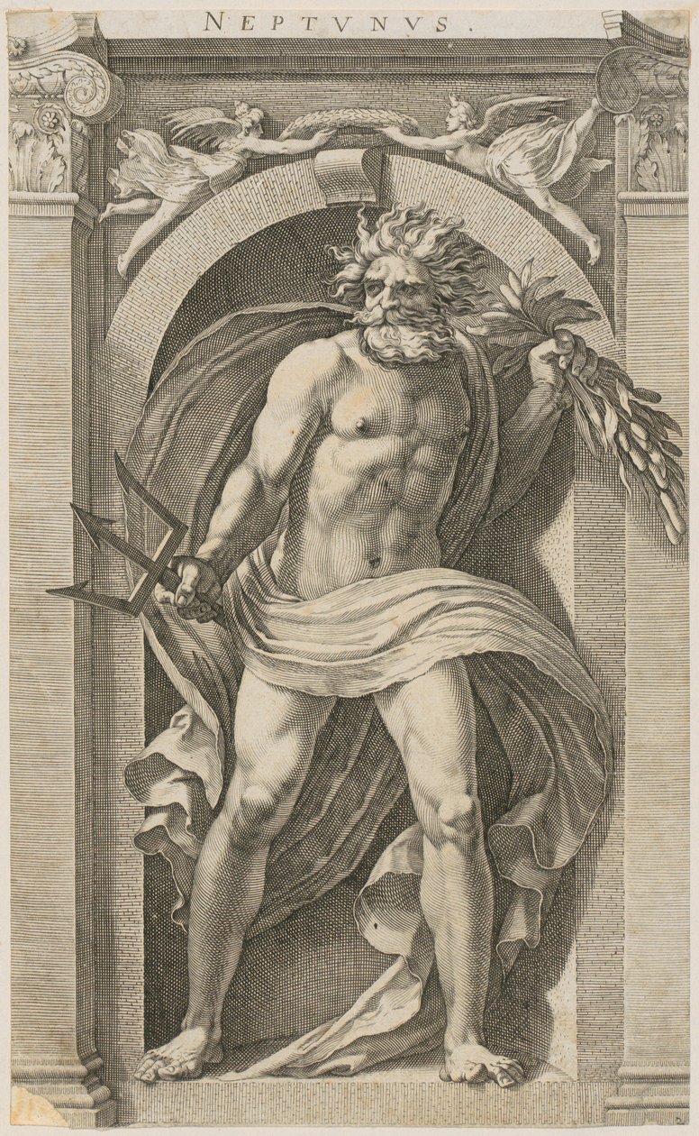 Neptun, Blatt 2 der Folge "Acht antike Gottheiten" von Hendrick Goltzius
