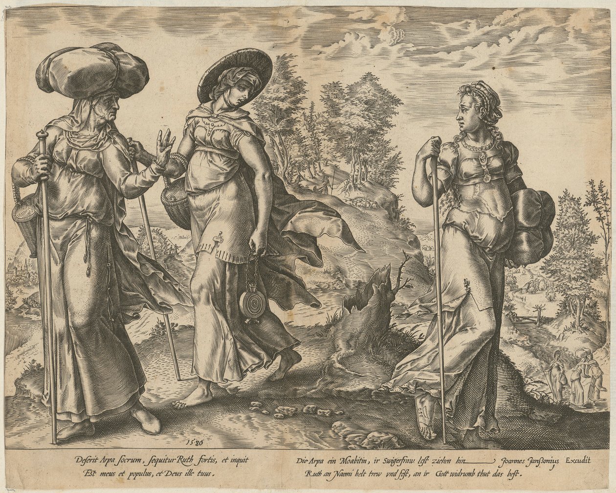 Orpa verlässt Ruth und Naomi [Blatt 1] und Ruth vor Boas auf dem Felde [Blatt 2], Blätter 1 und 2 der Folge "Die Geschichte der Ruth" von Hendrick Goltzius
