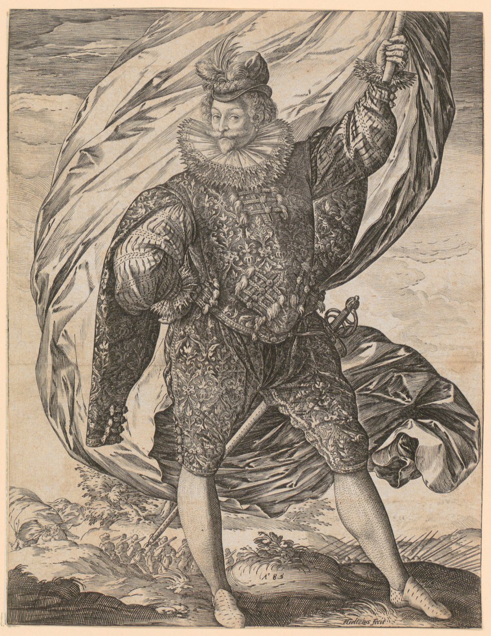 Stehender Fahnenträger, den Kopf nach links gewandt von Hendrick Goltzius