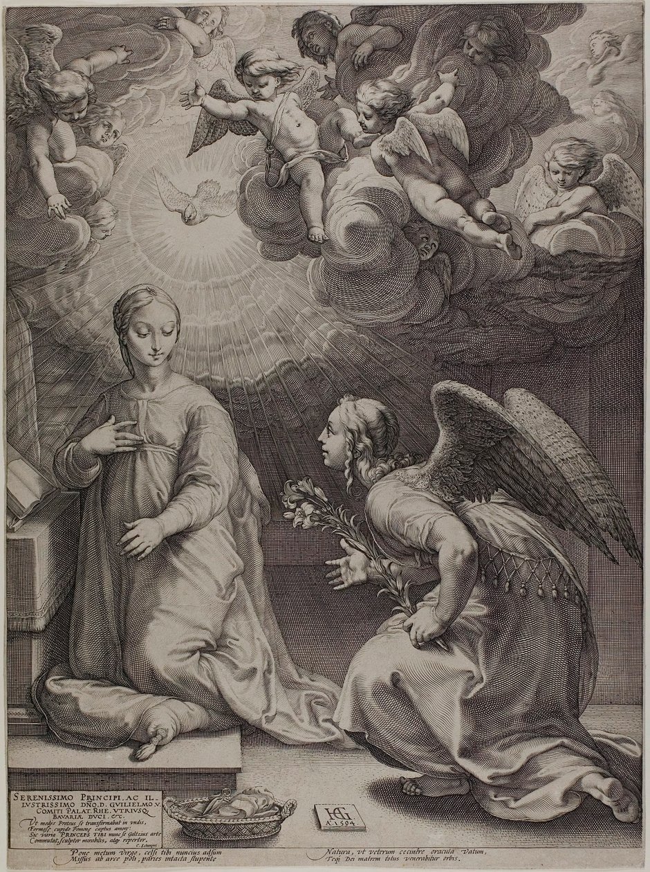 Die Verkündigung, Platte eins aus Die Geburt und das frühe Leben Christi von Hendrick Goltzius