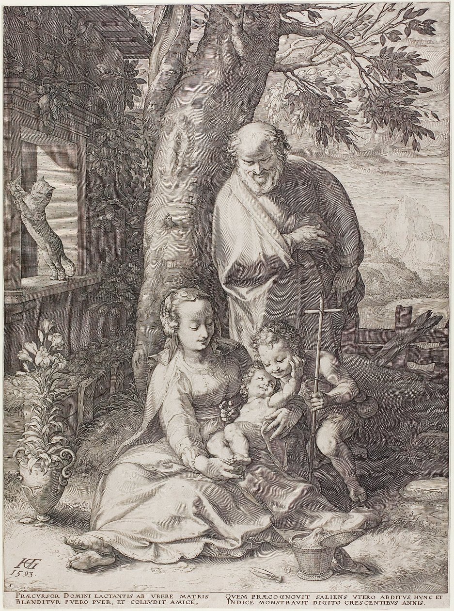 Die Heilige Familie mit dem kleinen Johannes dem Täufer, Platte sechs aus Die Geburt und das frühe Leben Christi von Hendrick Goltzius