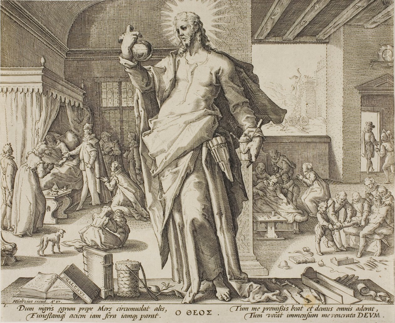 Der Arzt als Gott betrachtet, Platte eins aus Allegorien des Arztberufs von Hendrick Goltzius