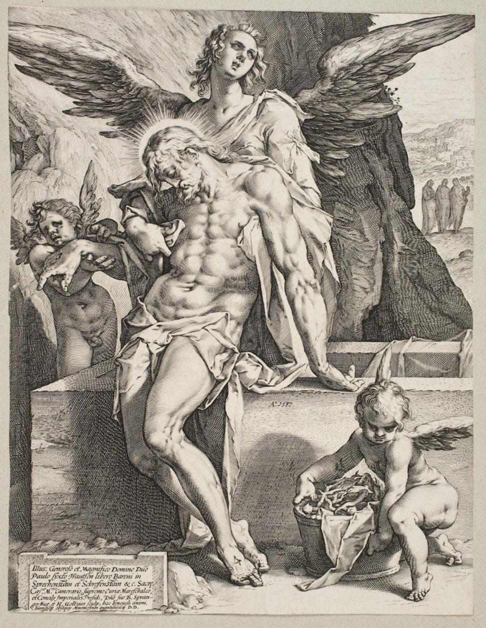 Der Leib Christi von einem Engel gestützt von Hendrick Goltzius