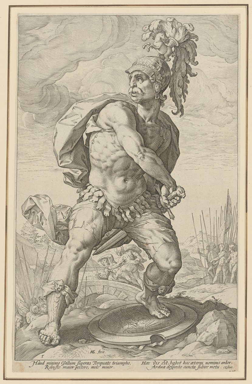 Titus Manlius Torquatus, Blatt 5 der Folge "Römische Helden" von Hendrick Goltzius