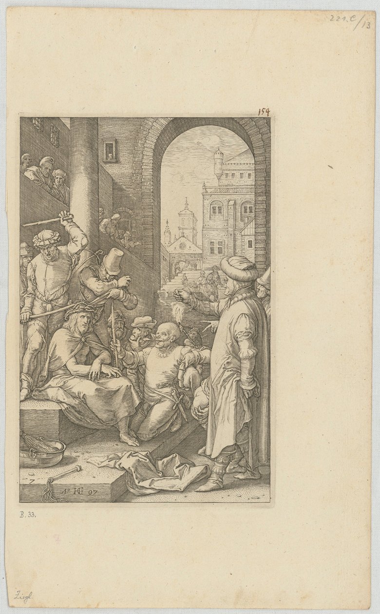 Verspottung Christi, Blatt 7 der Folge "Die Passion" von Hendrick Goltzius