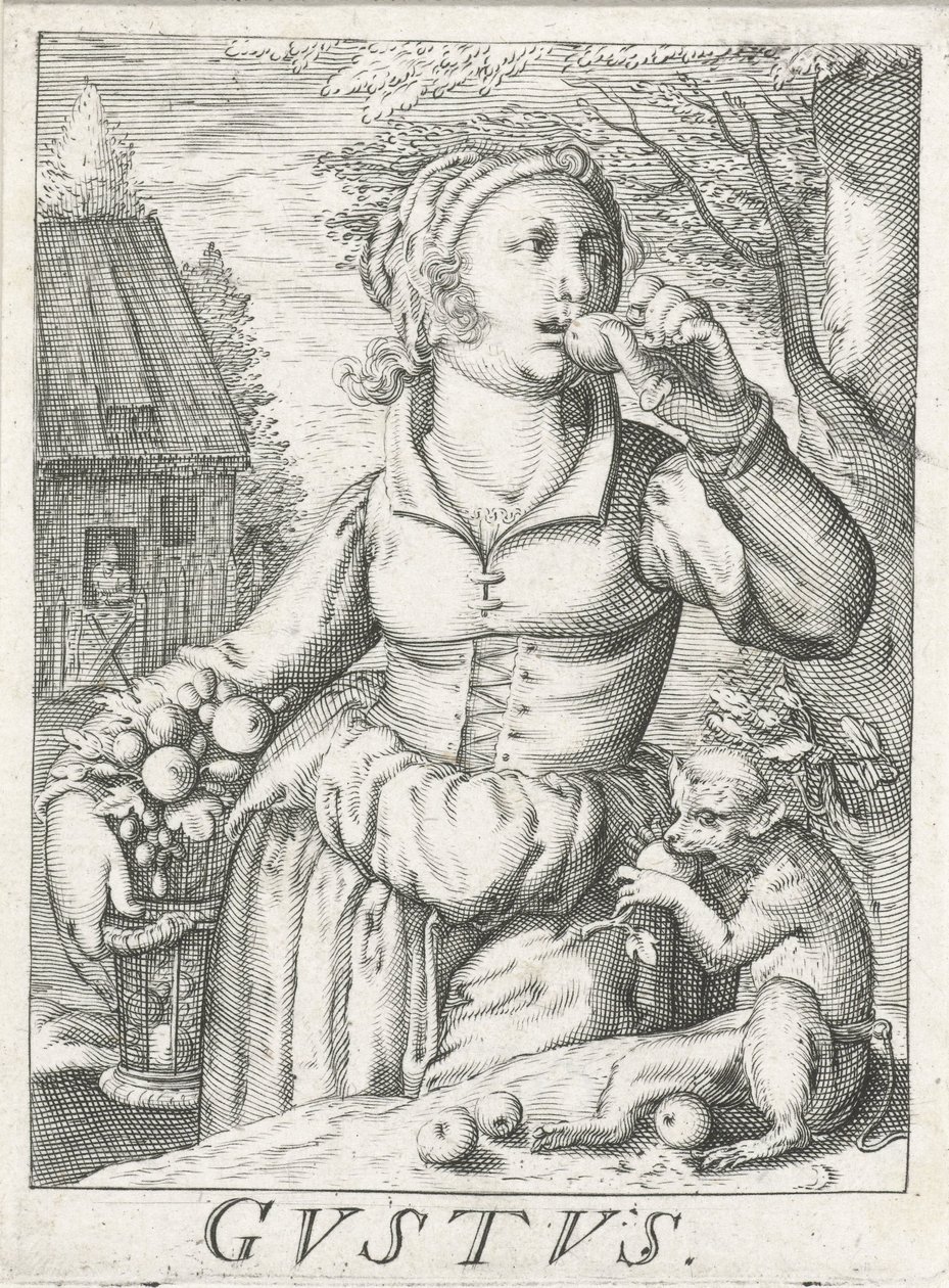 Geschmack (Gustus), eine Frau mit Früchten von Hendrick Hondius (rejected attribution)