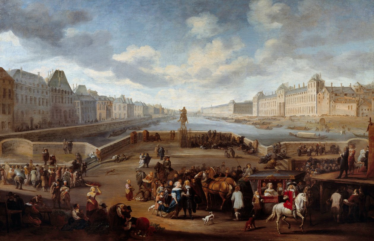 Blick auf Paris mit dem Louvre, aufgenommen von der Henri-IV-Brücke (heutige Pont Neuf). von Hendrick Mommers