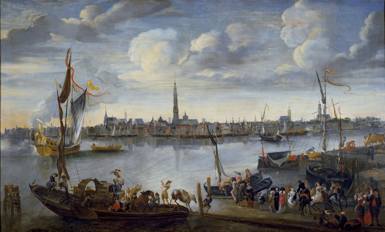 Blick auf die Straßen von Antwerpen von der Westbank, nach 1672 von Hendrick van Minderhout
