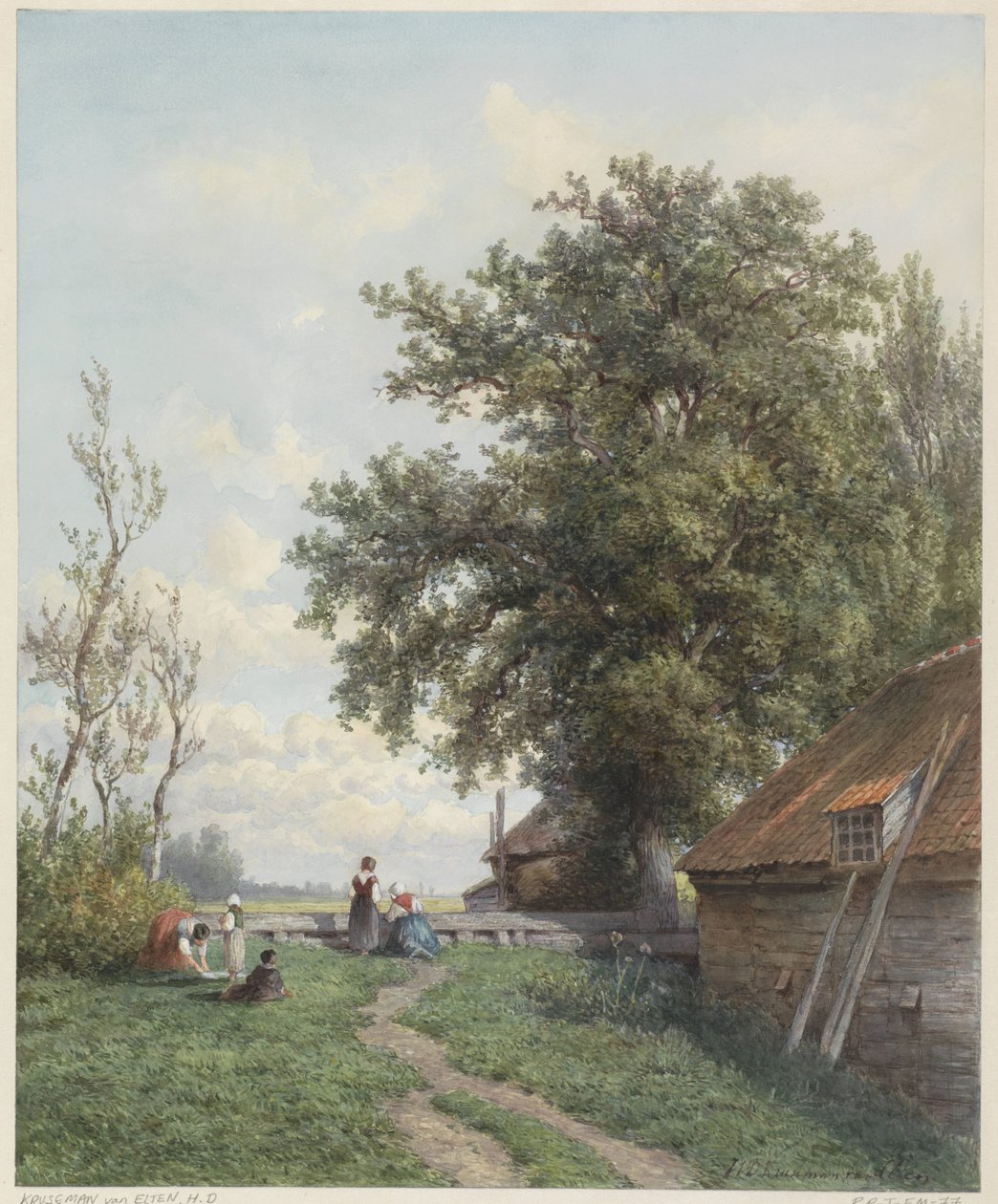 Bauernhof mit einigen Figuren, rechts eine Scheune und großer Baum von Hendrik Dirk Kruseman van Elten