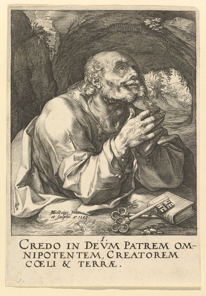 St. Peter, aus Christus, die Apostel und St. Paul mit dem Glaubensbekenntnis, 1589 von Hendrik Goltzius