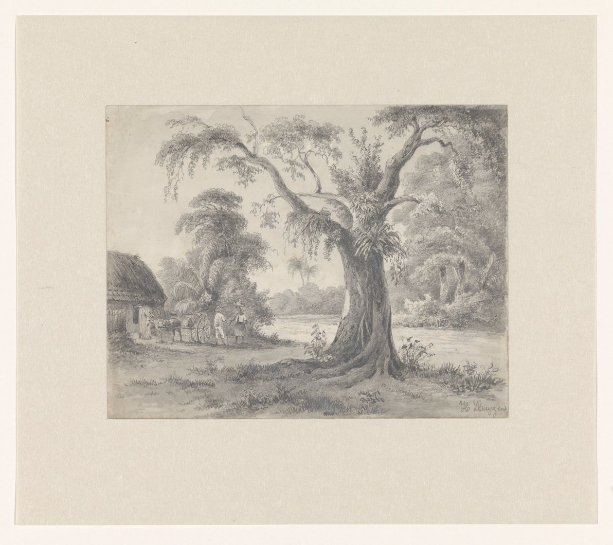 Landschaft mit einem Baum und Hütte mit Pferd und Wagen und zwei Figuren von Hendrik Huygens (signed by artist)