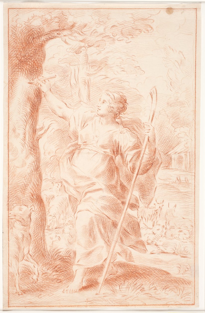Hirtin, die in einen Baumstamm ritzt von Hendrik Krock