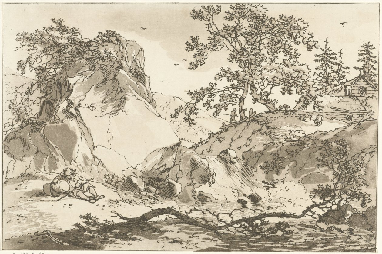 Hügelige Landschaft mit einem ruhenden Mann (Zwölf Entwürfe für das Landschaftszeichnen) von Hendrik Meijer