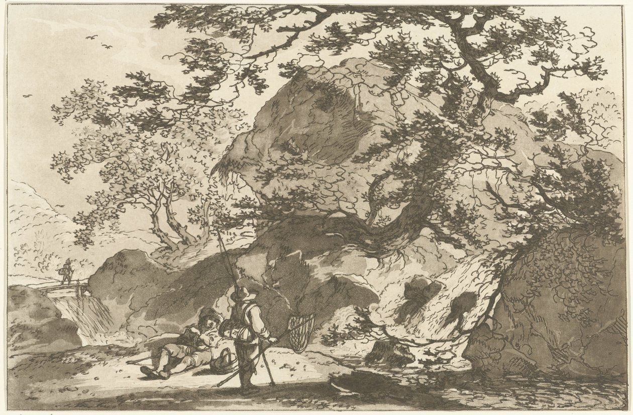 Landschaft mit einem Fischer und einem ruhenden Mann (Zwölf Entwürfe für das Landschaftszeichnen) von Hendrik Meijer