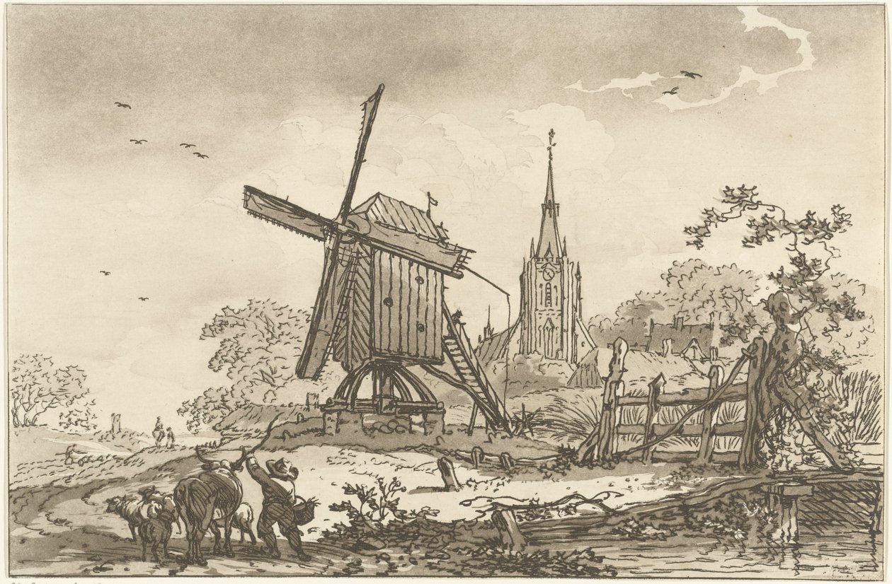 Landschaft mit einer Windmühle und einer Kirche von Hendrik Meijer