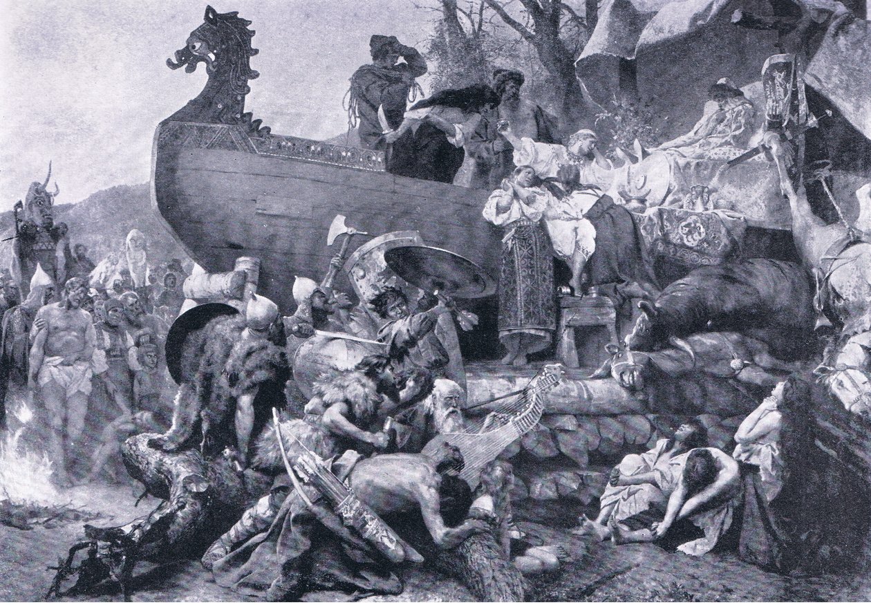 Einäscherung eines Häuptlings im östlichen Russland im zehnten Jahrhundert (Illustration aus Landmarks in European History) von Henryk Siemiradzki