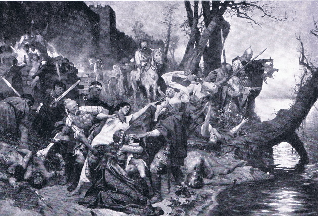 Krieger von Sviatoslav beim Massaker unter den Mauern von Drster (Durostorus), Illustration aus Landmarks in European History, veröffentlicht von Gresham Publishing Co, ca. 1920 von Henryk Siemiradzki