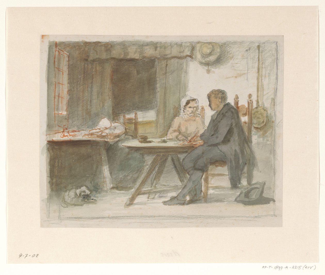 Schreibender Mann und eine Frau an einem Tisch von Hendrik Valkenburg