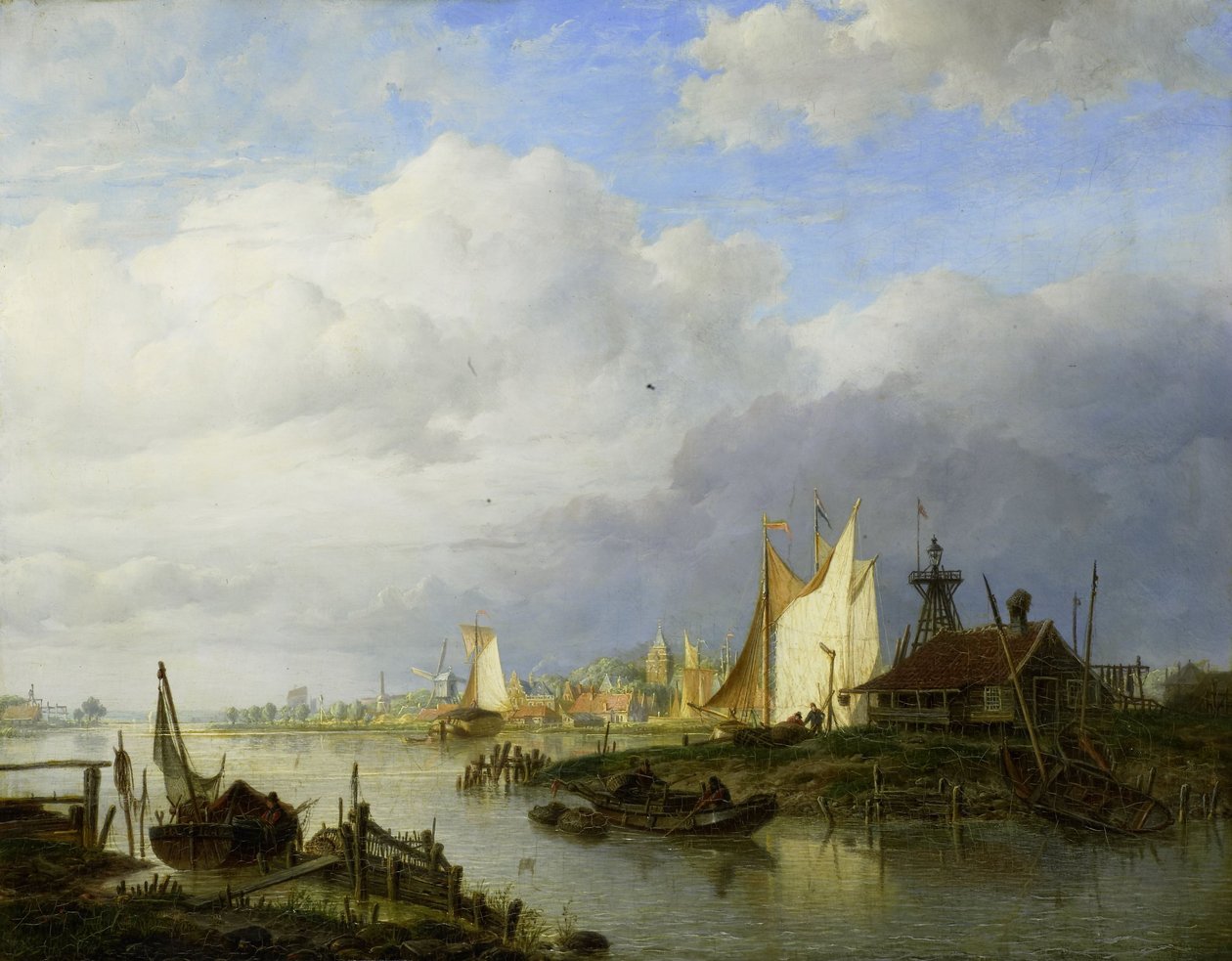 Boote auf einem Fluss mit Leuchtfeuer von Hendrik Vettewinkel