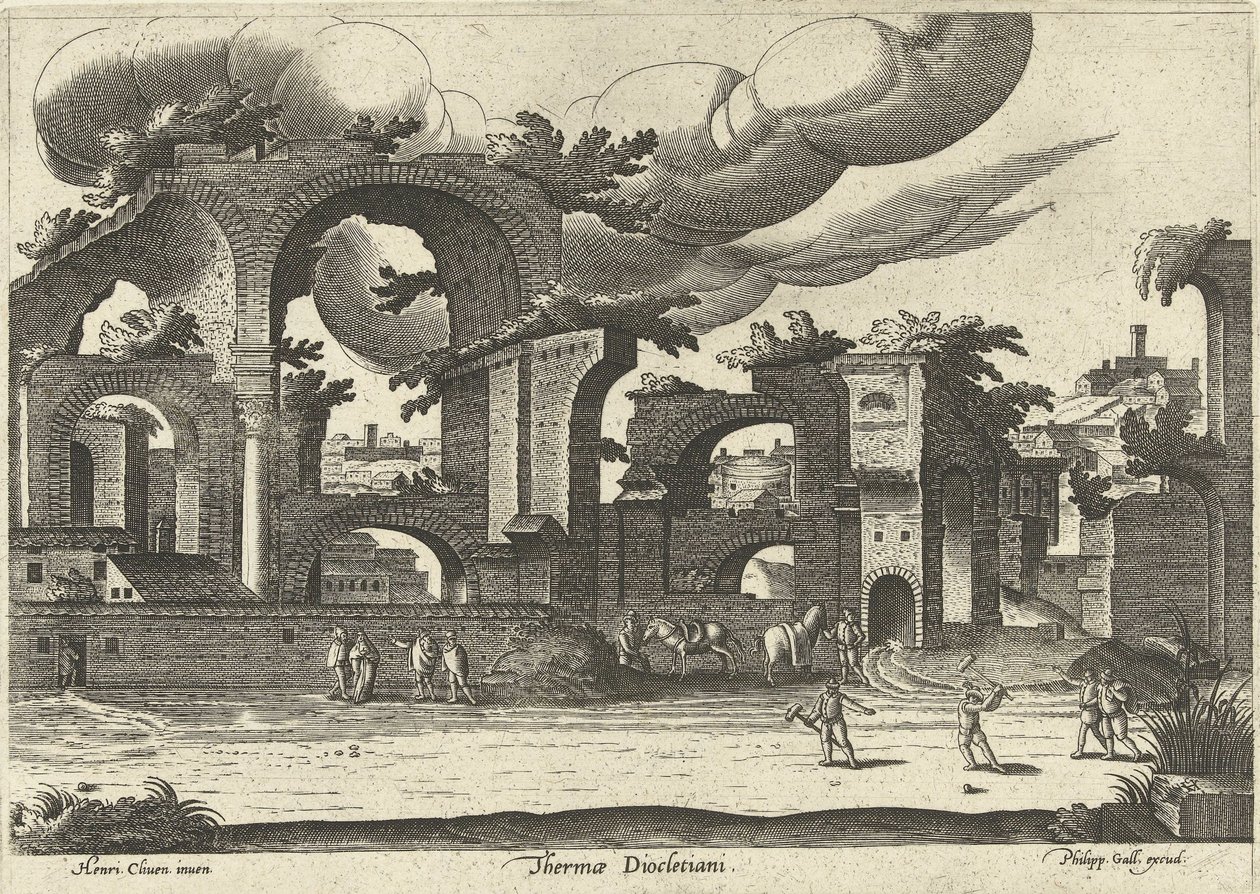Ruinen der Diokletiansthermen von der Seite mit zwei Männern, die im Vordergrund Krocket spielen, 1585 von Hendrik van Cleve III