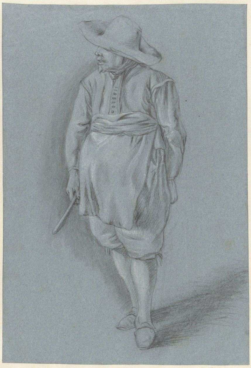 Mann in Kleidung des 17. Jahrhunderts mit Hut, Schürze und Messer von Hendrik van Velthoven (attributed to)