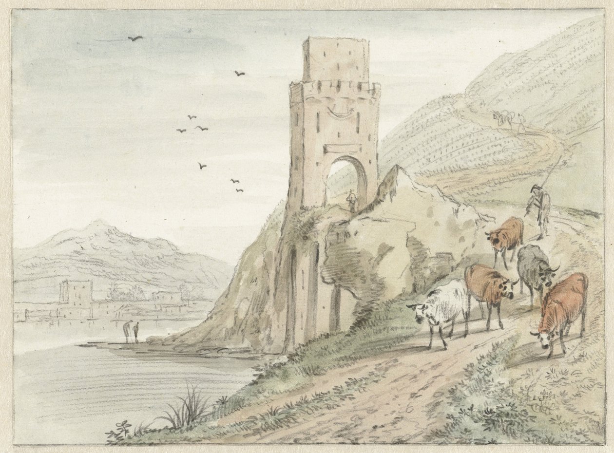 Italienische Flusslandschaft mit Bergen und einem Tor von Hendrik van der Straaten