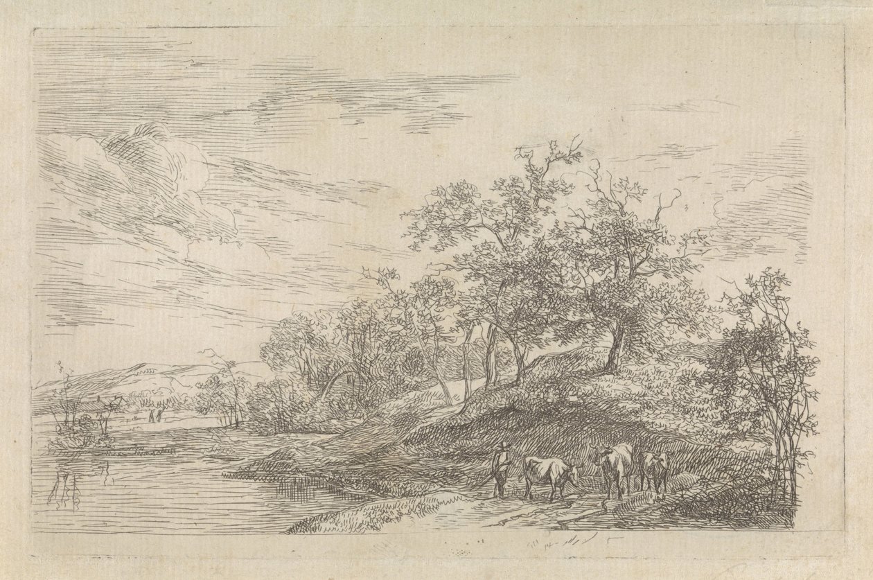 Hügellandschaft mit Hirte und Kühen von Hendrikus van de Sande Bakhuyzen