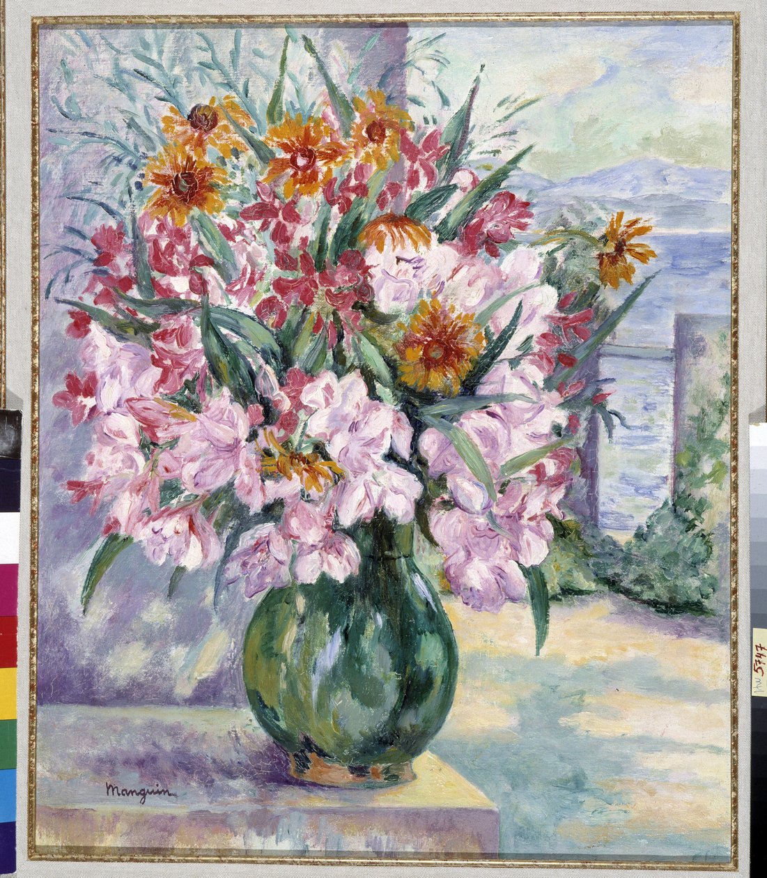 Blumenvase auf Terrasse vor dem Meer, 1941