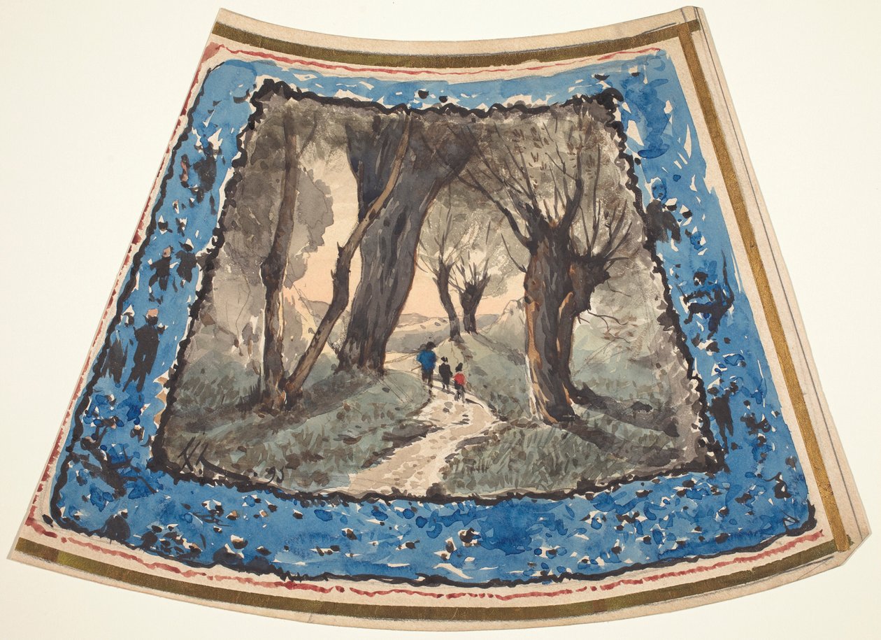 Reisende auf einem bewaldeten Pfad mit einem Rand aus skurrilen Figuren und Affen von Henri-Joseph Harpignies