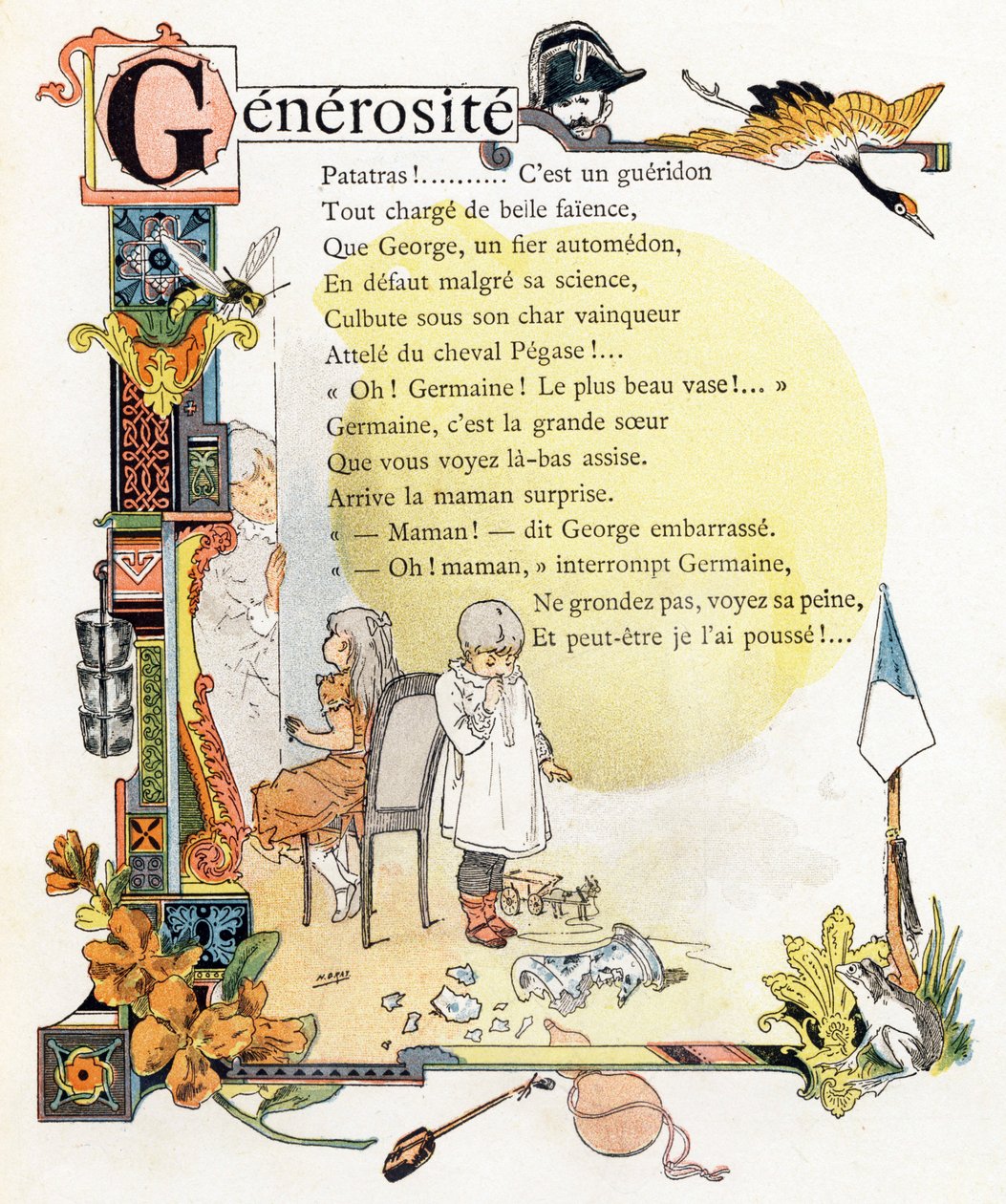 Buchstabe G Großzügigkeit - Gendarm Kran Wespe Becher Levkoje Kürbis Frosch - Gravur in "Alphabet der guten Beispiele" - Jules Levy, Herausgeber - Illustrationen von Henri Boulanger, alias Henri Gray (1858-1924). Texte (Gedichte) von Mme P. Boulanger - Gra von Henri (1858 1924) Gray
