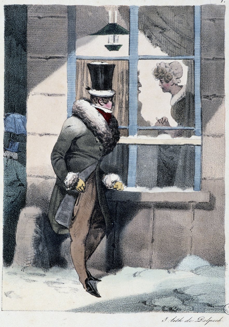 Neugieriger Mann schaut aus dem Fenster in einem Haus: „Jeder nimmt sein Vergnügen, wo er es findet“ - in „Les pastemps“ von Henri Monnier, ed. Delpech, Paris von Henri Bonaventure Monnier