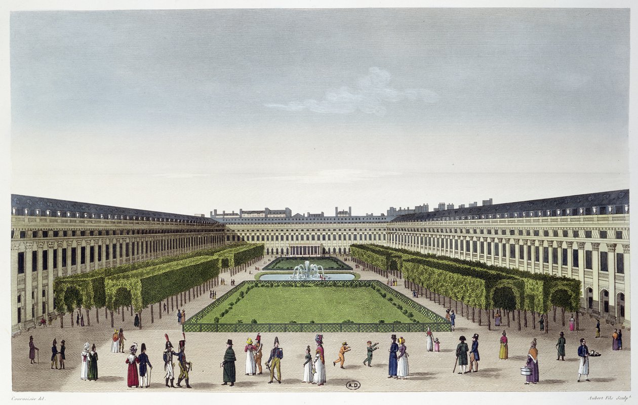 Blick auf die Gärten des Palais Royal, gesehen von den Galeries de Bois, graviert von Aubert Fils, ca. 1815-20 von Henri Courvoisier Voisin