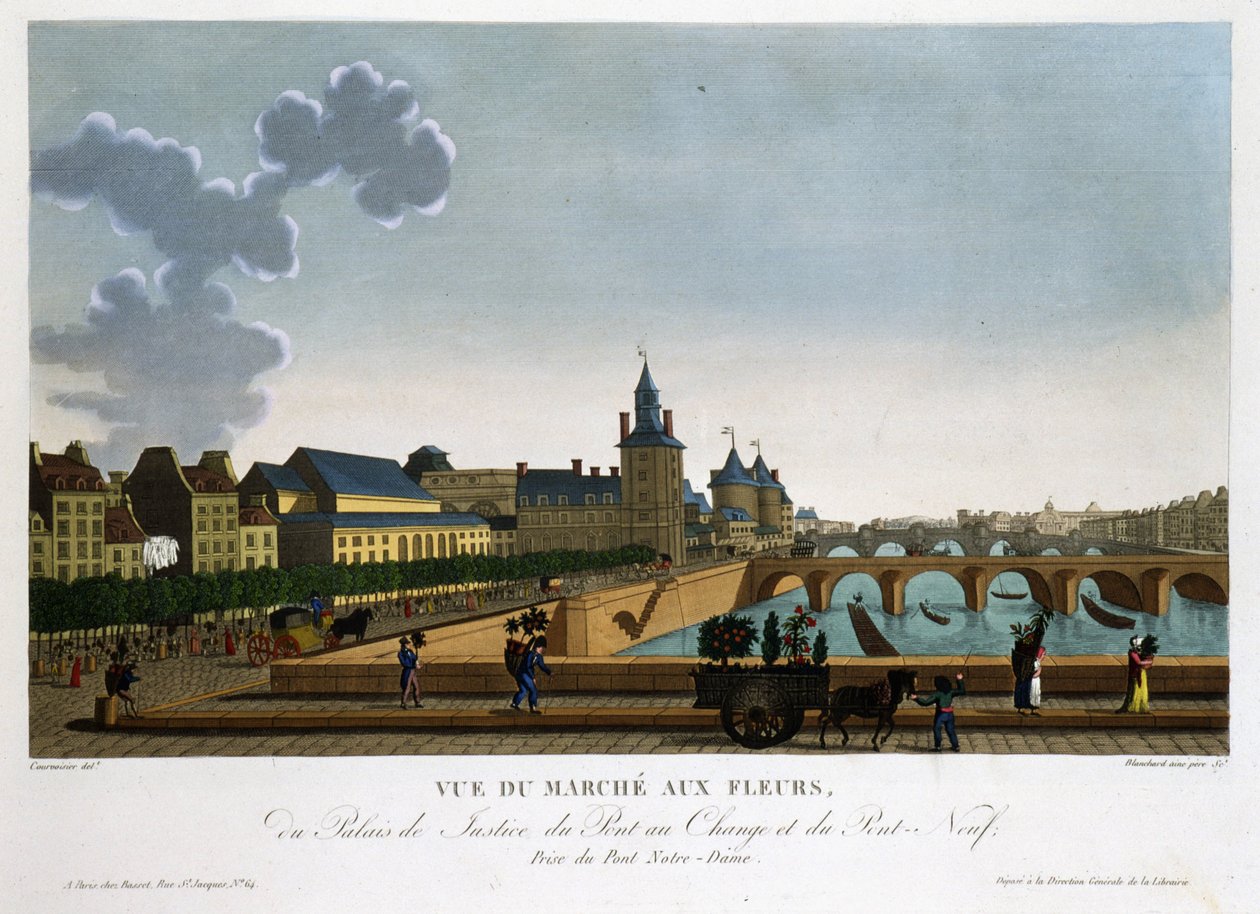 Ansicht des Blumenmarktes, der Wechselbrücke und der neuen Brücke - in „Vues de Paris“ von Courvoisier von Henri Courvoisier Voisin