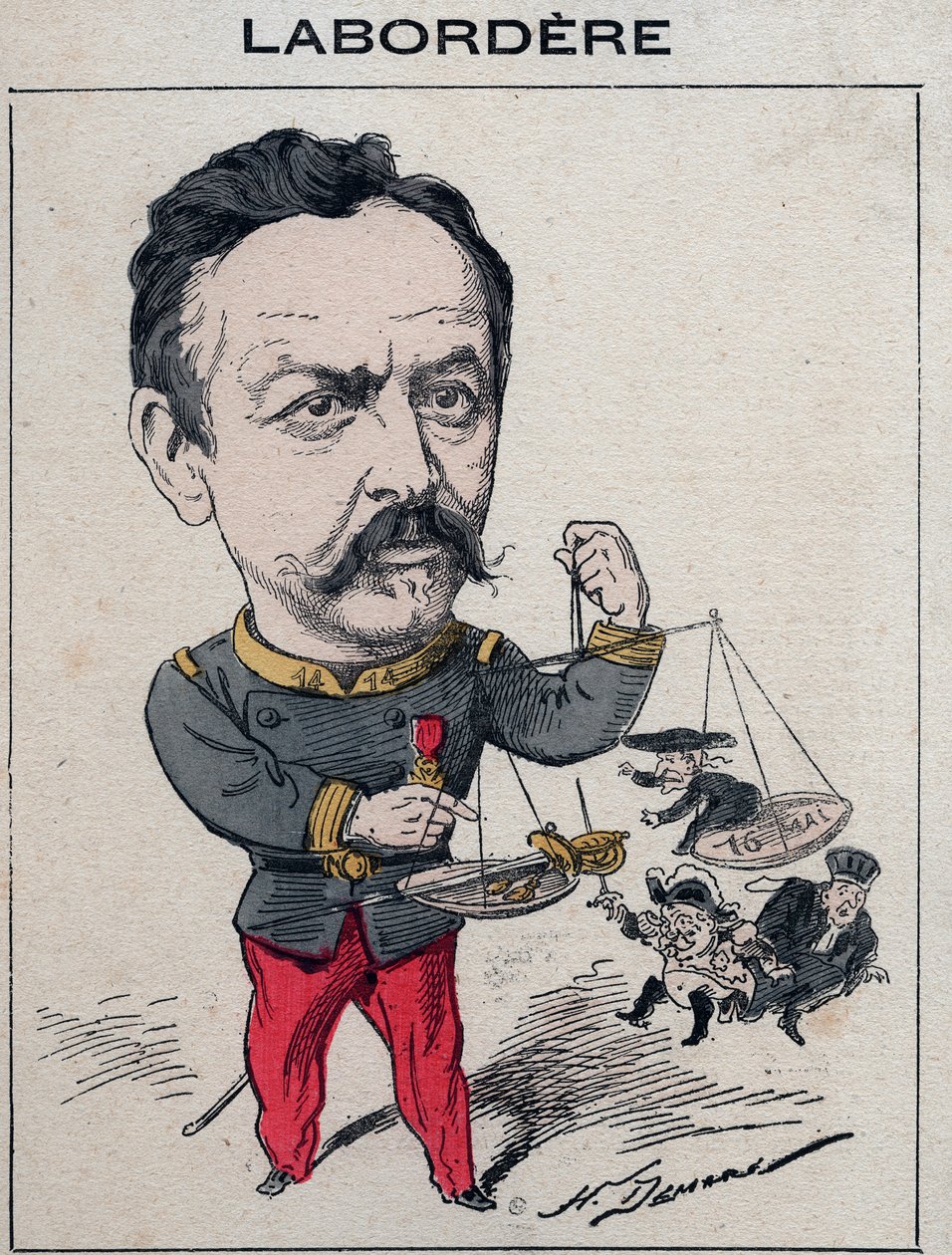 Jean Marie Arthur Labordere, französischer Militär, Politiker, Senator für die Seine - Karikatur von Henri Demare in „Les Hommes d