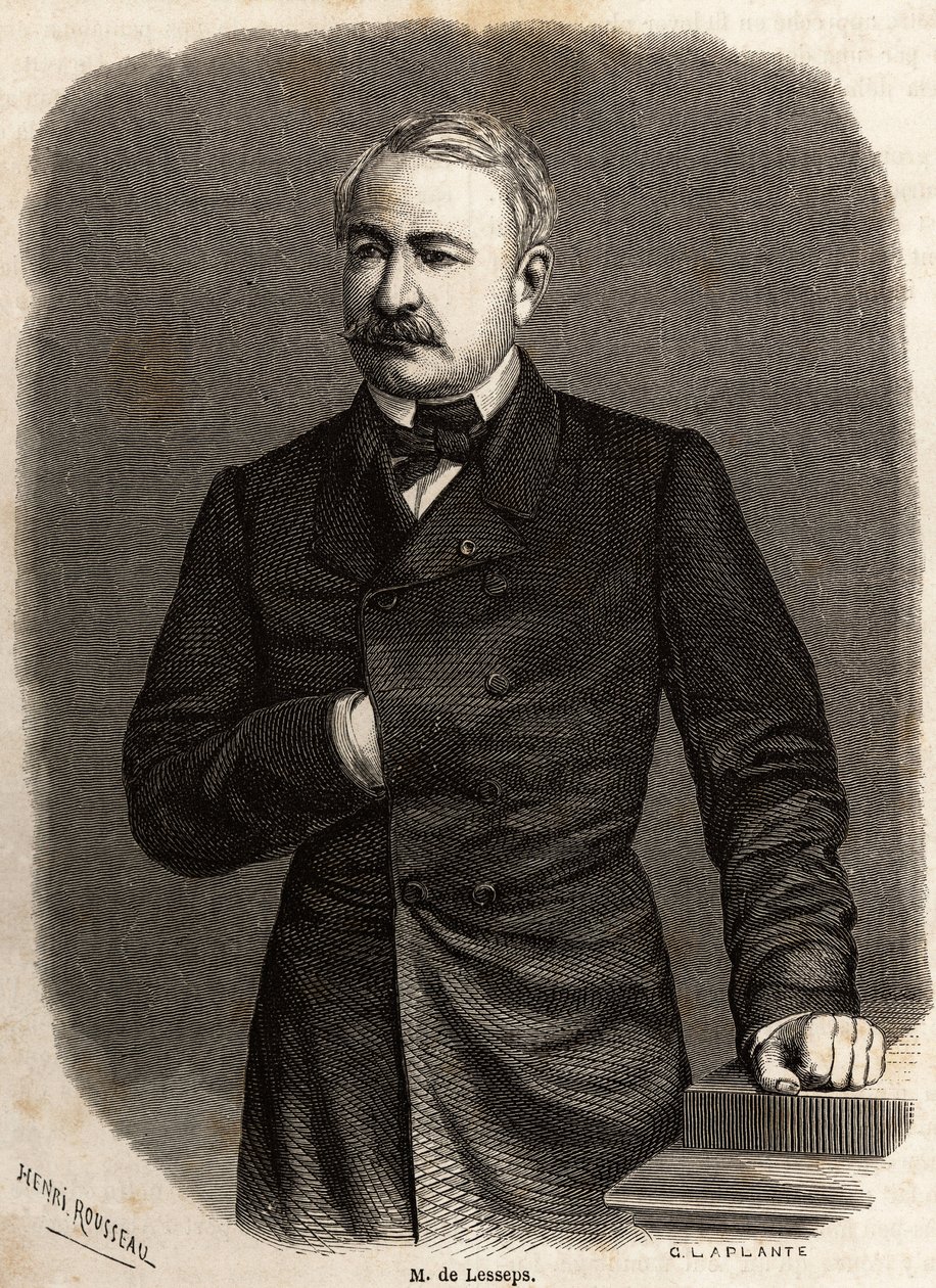 Porträt von Ferdinand de Lesseps (1805-1894), Diplomat und Unternehmer, Förderer der beiden ehrgeizigen Projekte: der Kanäle von Suez und Panama, Zeichnung von Henri Rousseau, zur Illustration eines Ausflugs zum Suezkanal im Jahr 1862 von Paul Merruau. Gra von Henri Emilien Rousseau