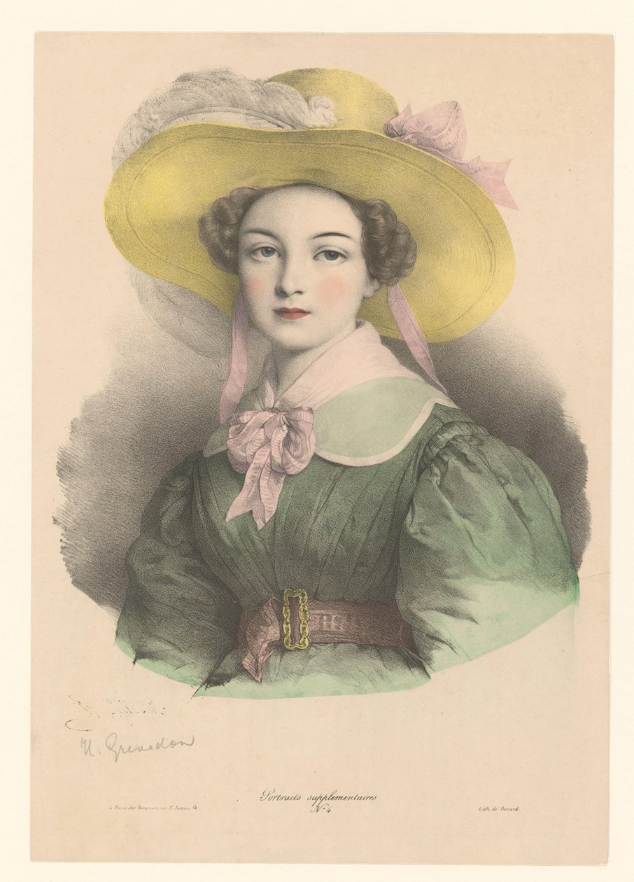 Porträt einer jungen Frau mit Hut mit Feder und Schleife (Portretten) von Henri Grevedon